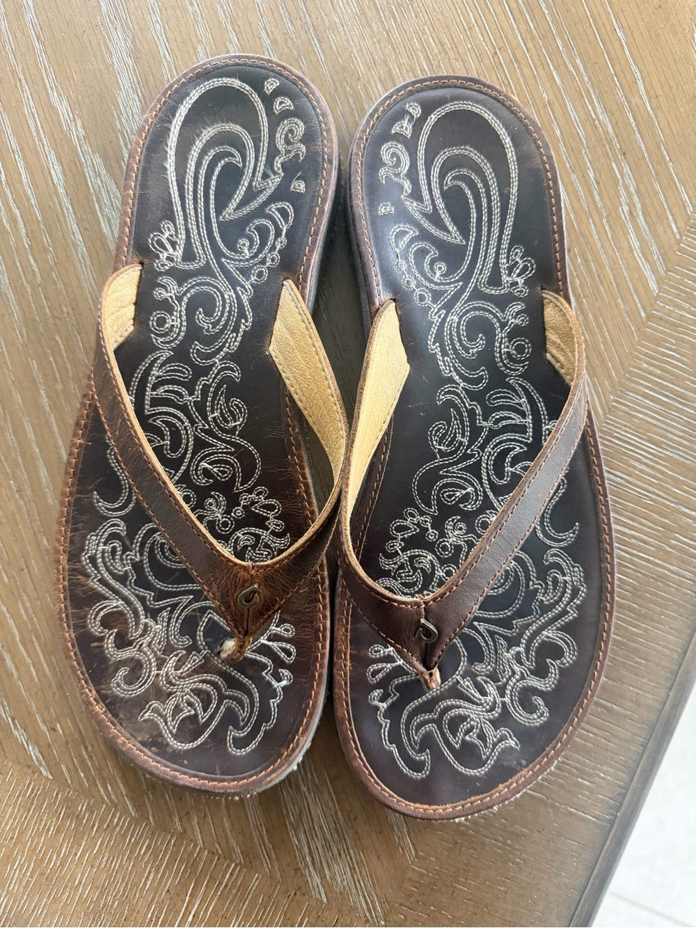 OluKai Brown Leather embossed Flip Flop Sandals 
US size Women’s 10/EUR 40